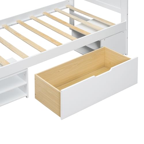 SOFTSEA Full Size Platform Bed with Storage Drawers and Bookcase Headboard, White V613109