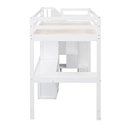 Harper & Bright Designs Twin Size Loft Bed with L-Shaped Desk and Stairs, Solid Wood, White D768