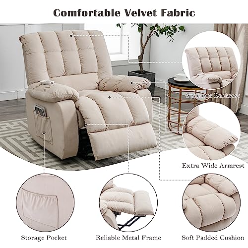 Velvet Electric Recliner Chair with Heat and Vibration, Beige Q660840