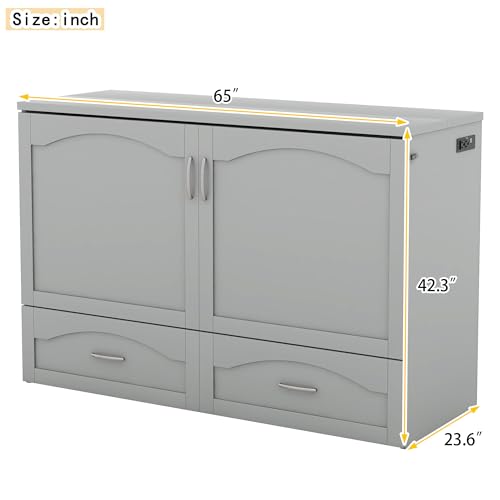Convertible Murphy Bed 2-in-1 Solid Wood Wall Bed with Drawer & USB Ports, Queen, Grey W146