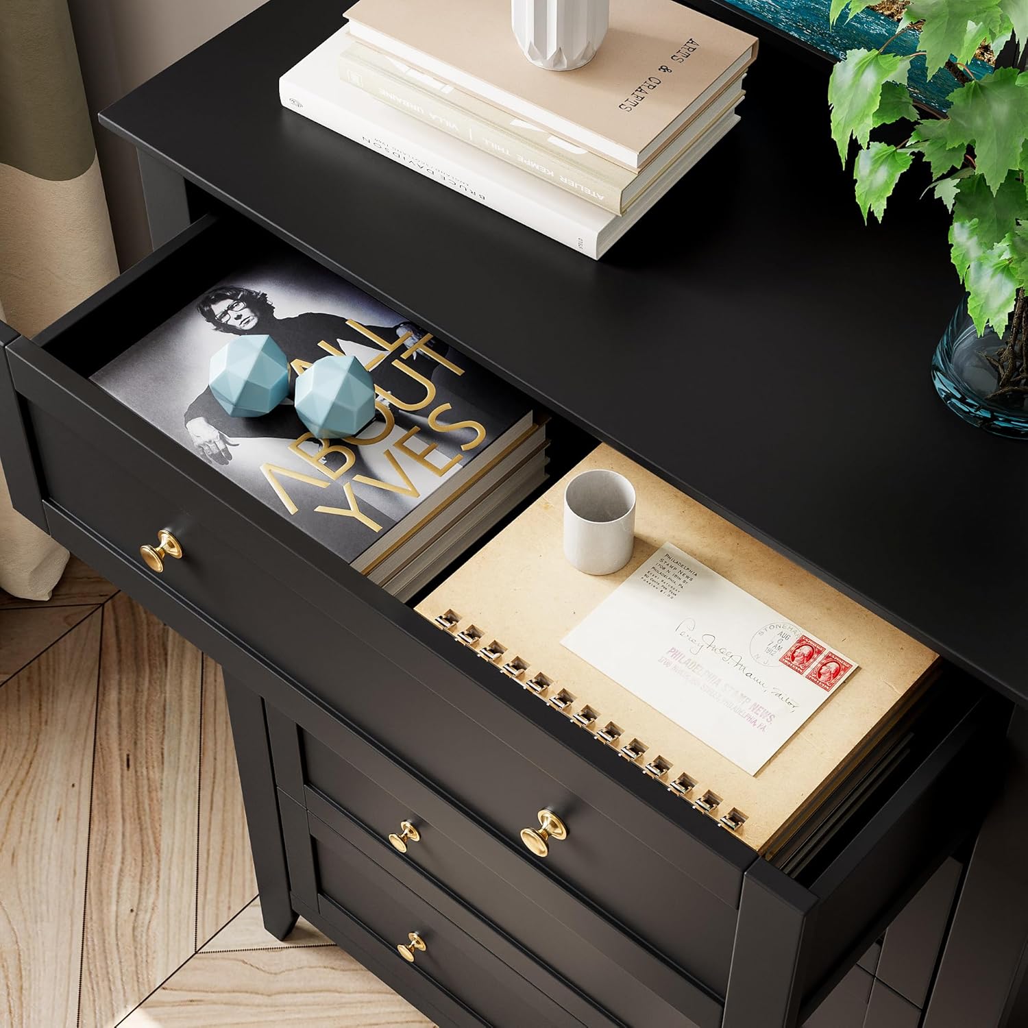 5 Drawer Dresser for Bedroom, Tall Wood Chest with Metal Knobs, Black X296