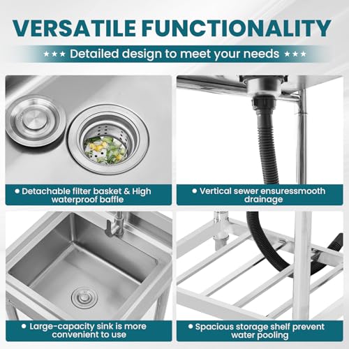 Stainless Steel Free Standing Utility Sink Single Bowl with Hot Cold Pipe R683