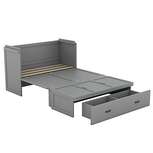 Queen Size Murphy Bed with Shelves and LED Lights, Foldable Wall Bed Frame, White-AB39 C474844
