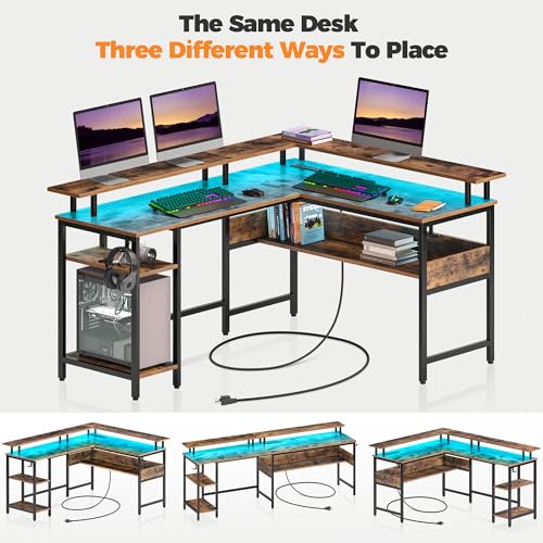 Rolanstar Computer Desk 56.7" with LED Lights and Power Outlets, Carbon Fiber Surface K1543