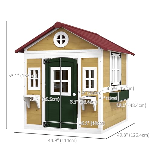 Outsunny Wooden Kids Playhouse with Doors and Windows for Toddlers 3-8 Years, Beige Q471