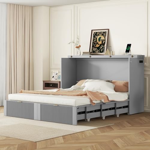 Harper & Bright Designs Queen Murphy Bed Cabinet with USB Charging Station, White D9669