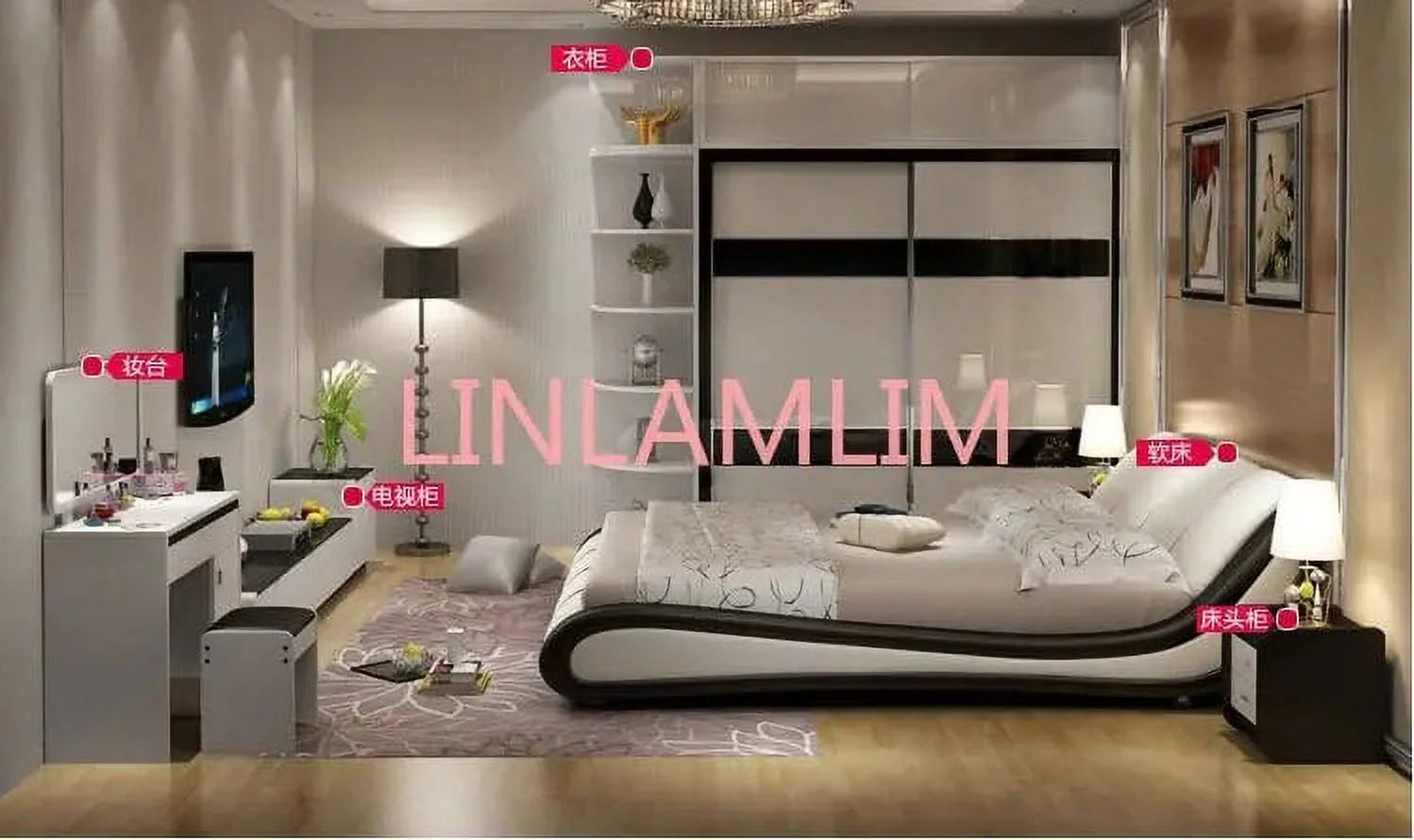 Genuine Leather Bed Frame with Storage Modern Bedroom Furniture J28956