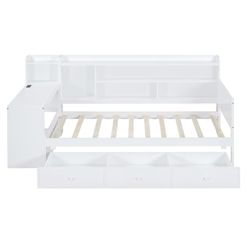 Bellemave Twin Corner Bed Frame with Storage Shelves and Desk, Gray L74206