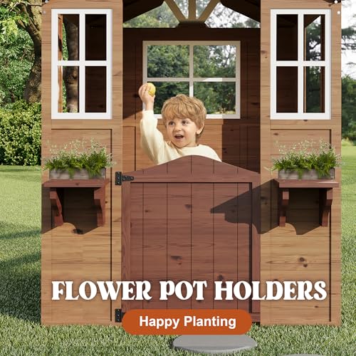 Cedar Wooden Kids Playhouse with Play Kitchen and Vinyl Roof U118424