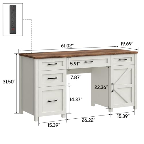 Farmhouse 61" Executive Desk with 5 Drawers and Charging Station, Pure Black W116439