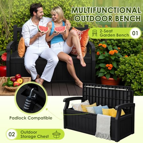 Greesum 80 Gallon Outdoor Storage Bench, Resin Patio Furniture, Dark Black I77551