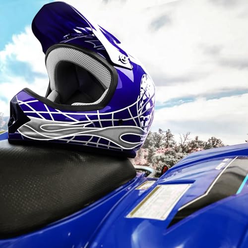 SLMOTO Dot Youth Kids Motocross Offroad Helmet with Goggles and Gloves Blue Skull D851858