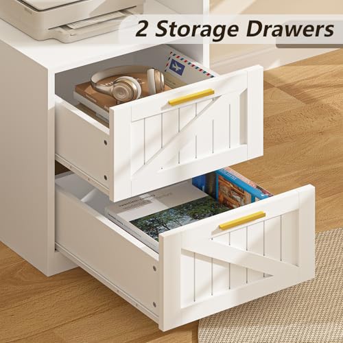 63" Farmhouse L Shaped Desk with Drawers, Power Outlets & Storage Shelf Q538