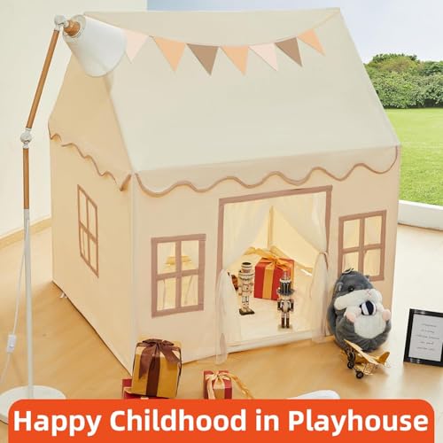 Kids Tent Playhouse with Star Lights, Flags and Tote Bags, Washable Teepee for Boys & Girls V1120