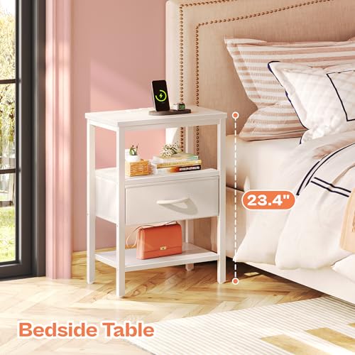 SUPERJARE Nightstand with Charging Station, Fabric Drawer, 3-Tier Storage, Walnut K366263