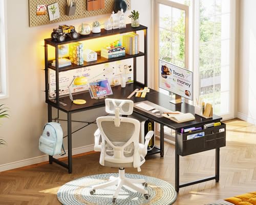 AODK L Shaped Gaming Desk with LED Light & Power Outlet, Grey Oak P41493