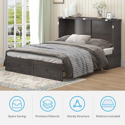 Mjkone Murphy Bed Cabinet Queen Size with USB Charging Station & Storage Drawers, White U176463