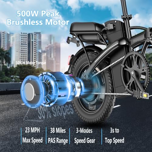 Peak 500W Folding Electric Bike for Adults, 14" Mini Ebike with Removable Battery S425597