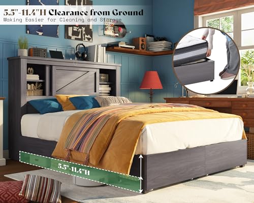 AMERLIFE King Bed Frame with Bookcase Headboard and Charging Station V4787