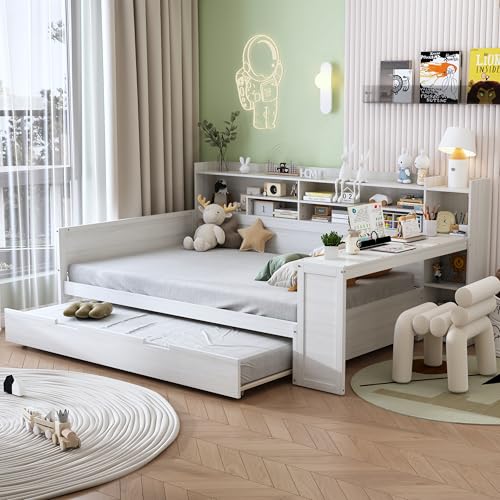 Bellemave Twin Corner Bed Frame with Storage Shelves and Desk, Gray L74206