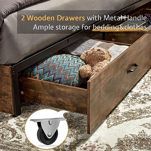 VanAcc Full Size Wooden Platform Bed with Bookcase Headboard and 2 Drawers O6158