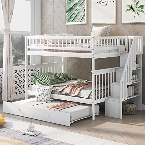 Harper & Bright Designs Twin Size Loft Bed with L-Shaped Desk and Stairs, Solid Wood, White D768