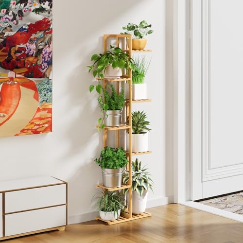 ROSSNY 48 Inch Tall 6-Tier Bamboo Plant Stand for Indoor Plants, Corner Plant Shelf, Natural W935552