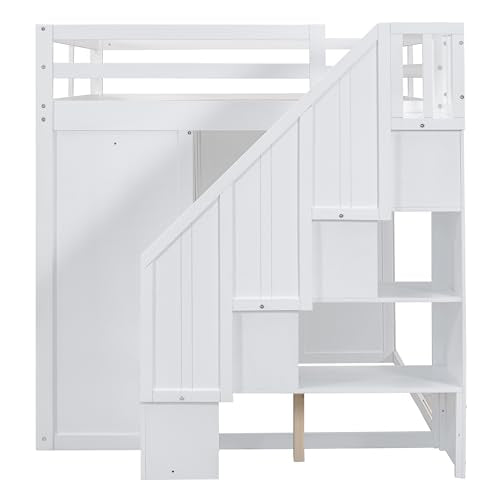 Harper & Bright Designs Twin Size Loft Bed with L-Shaped Desk and Stairs, Solid Wood, White D768
