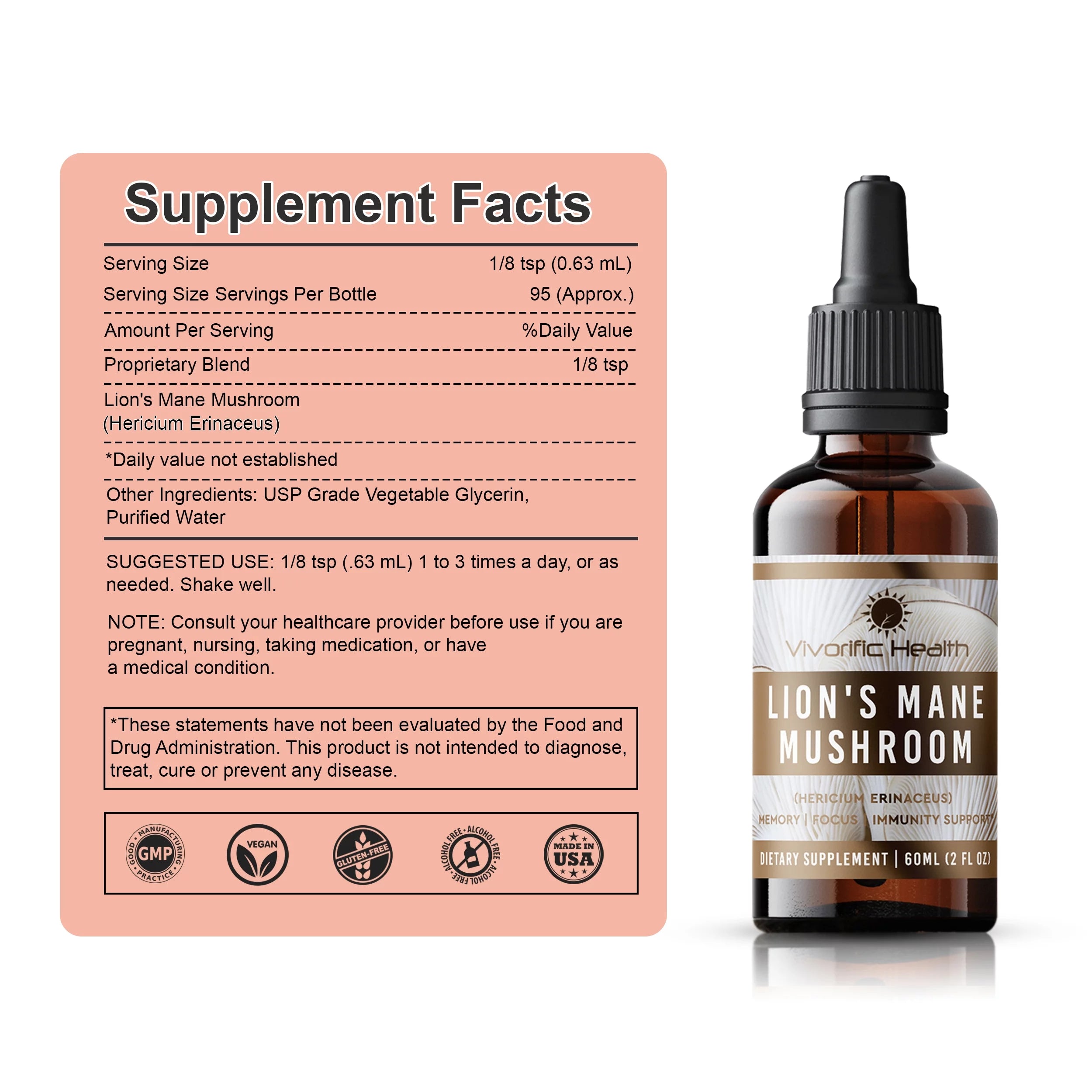Vivorific Health Lion's Mane Mushroom Supplement Tincture, Alcohol Free, 2 fl oz P1775