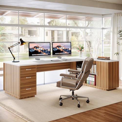 Tribesigns 85.8-Inch L-Shaped Executive Desk with File Drawers & Shelves, White & Brown I578