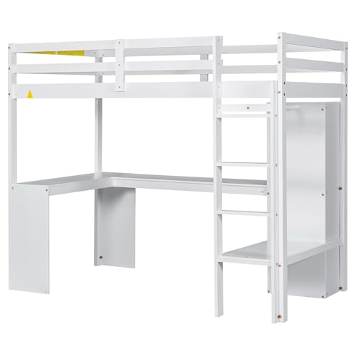 SOFTSEA Full Size Loft Bed with Desk & Wardrobe, White F150304