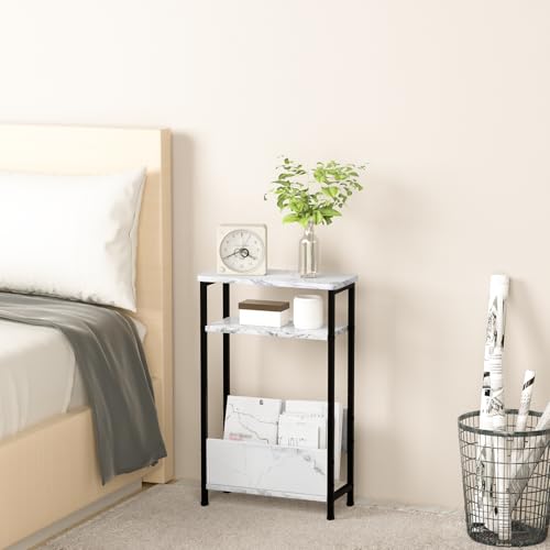 7.1" Narrow 3-Tier Side Table with Magazine Holder, Faux White Marble R580691