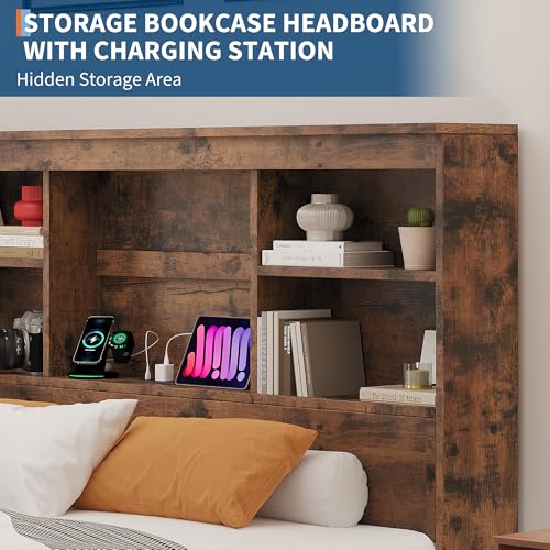 GarveeHome Full Size Bed Frame with Bookcase Headboard and Charging Station Z337