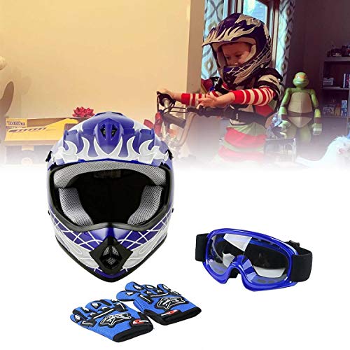 SLMOTO Dot Youth Kids Motocross Offroad Helmet with Goggles and Gloves Blue Skull D851858