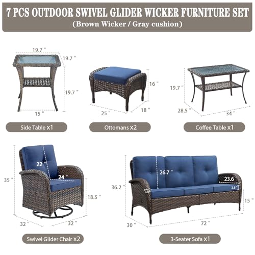 Outdoor Wicker Swivel Rocker Chairs Set of 2 with Rattan Side Table, Brown/Blue B592