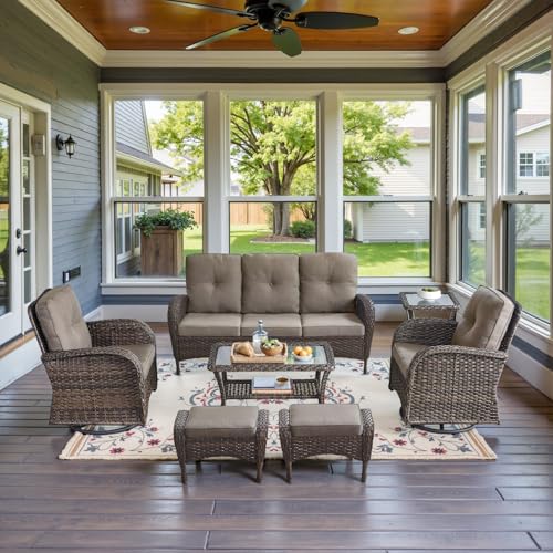 Outdoor Wicker Swivel Rocker Chairs Set of 2 with Rattan Side Table, Brown/Blue B592
