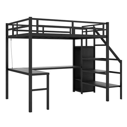 Wood Full Size Gaming Loft Bed with Desk, LED and Charging Station O637