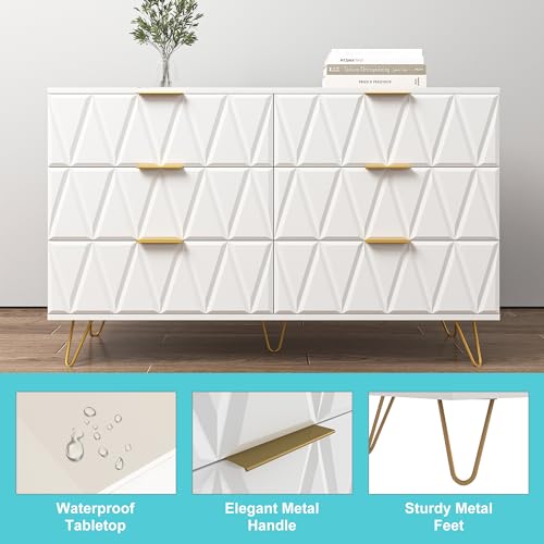 Vibe & Dine White 6 Drawer Dresser with Gold Handles N790944