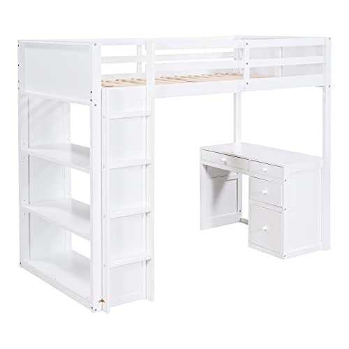 Harper & Bright Designs Full Size Loft Bed with Wardrobe and Desk, Solid Wood, White R4710