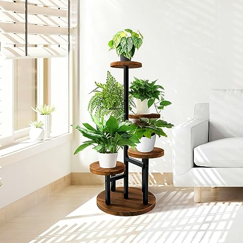 AUGOSTA 5 Tier Plant Stand, Tall Metal Wood Shelf for Indoor Outdoor Garden O47518