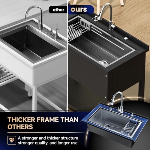 Stainless Steel Utility Sink 36" Freestanding with Pull Out Faucet, Black Y959806