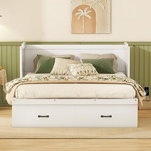 Ball & Cast Queen Size Solid Pine Murphy Bed with Charging Station, White + Walnut P2075
