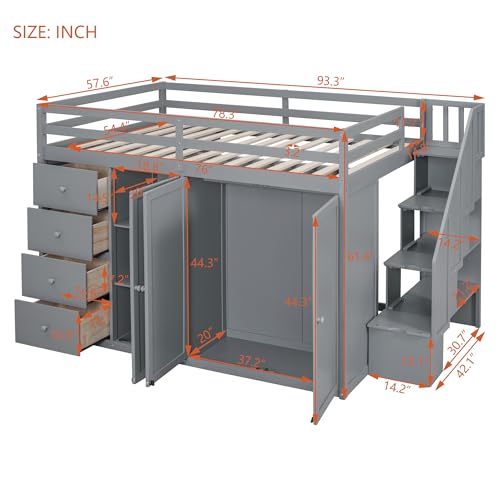 Harper & Bright Designs Twin Size Loft Bed with L-Shaped Desk and Stairs, Solid Wood, White D768