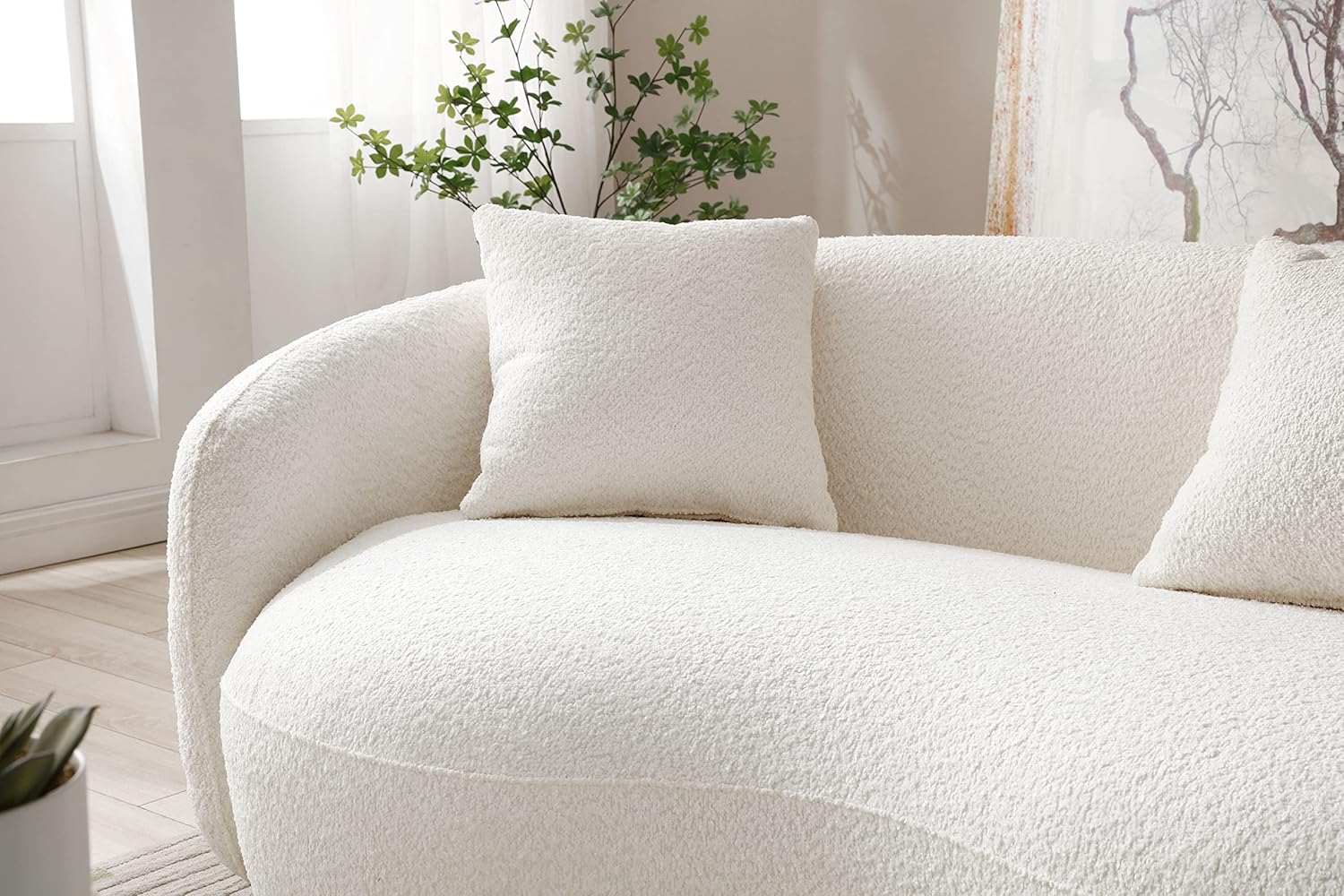 Curved Boucle Upholstered Cloud Couch with 3 Throw Pillows, Beige O9888