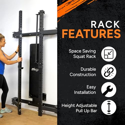 PRx Performance Wall Mounted Folding Power Squat Rack with Pull Up Bar, Black S87608