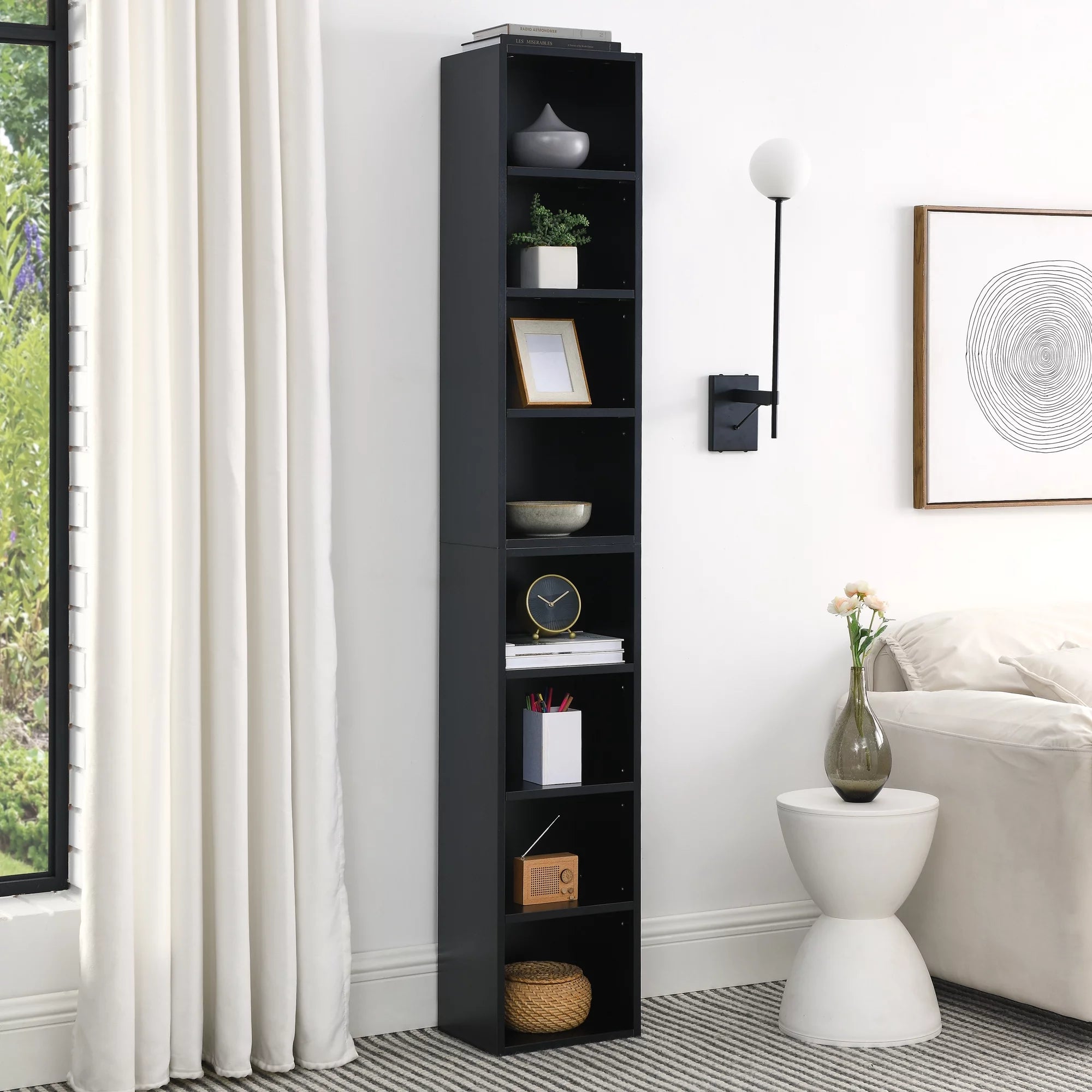 CoSoTower 8-Tier Media Tower Rack, CD DVD Slim Storage Cabinet with Adjustable Shelves, Tall Narrow Bookcase Display Bookshelf for Home Office,Multi-functional double-decker bookcase