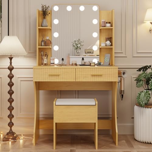 White Vanity Desk with LED Mirror and Storage Stool D5834