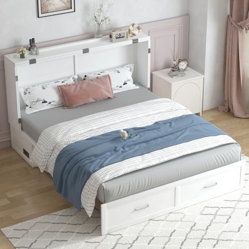 PUREMIND Queen Murphy Bed Cabinet with 2 Storage Drawers and USB Charging Station R5817
