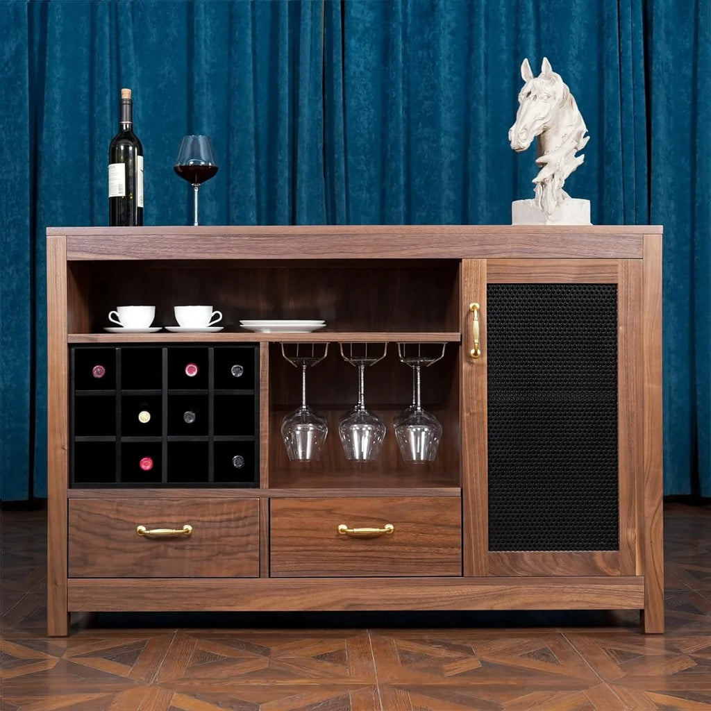 CONSDAN Bar Cabinet with Storage, Solid Walnut Hardwood Sideboard E4902