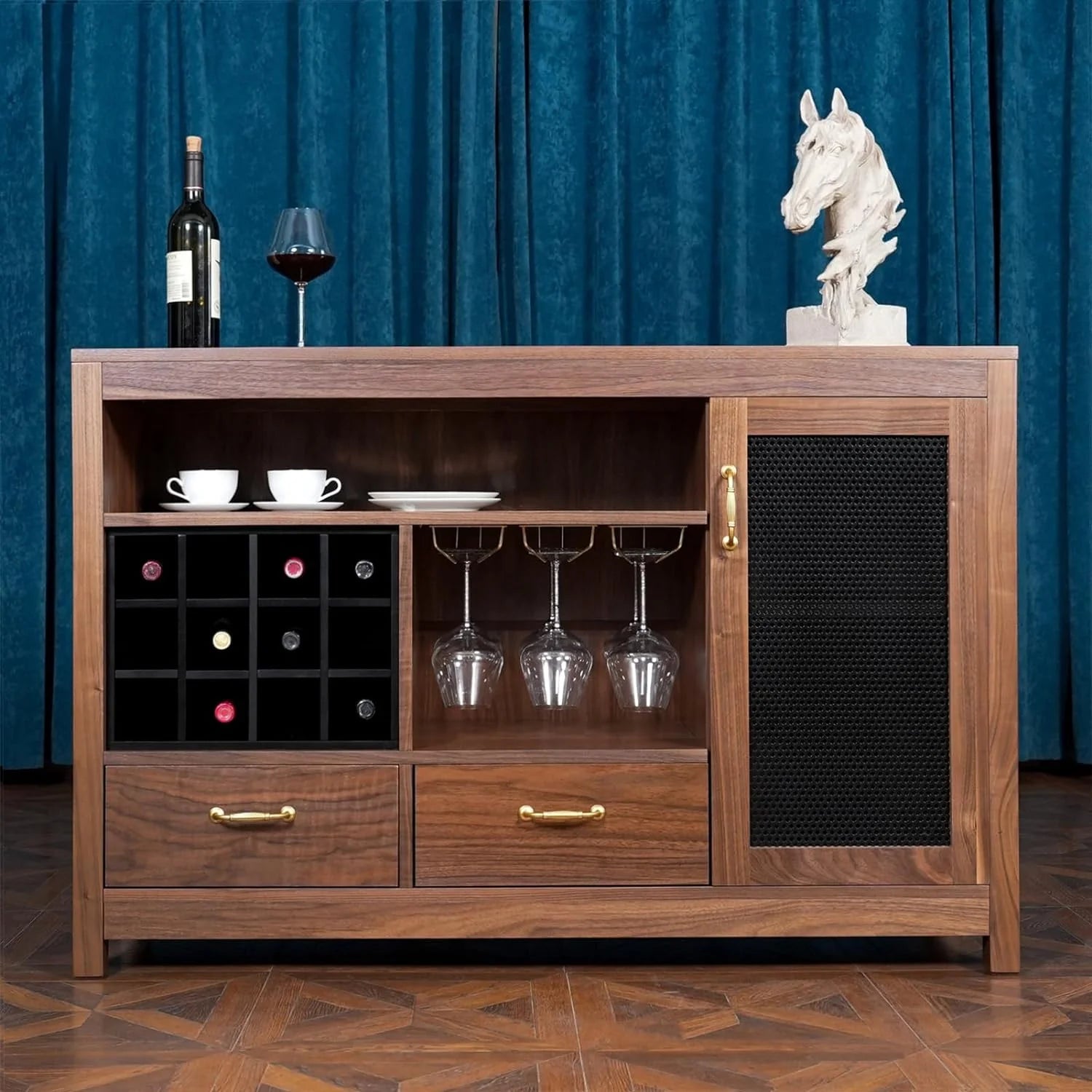 CONSDAN Bar Cabinet with Storage, Solid Walnut Hardwood Sideboard E4902